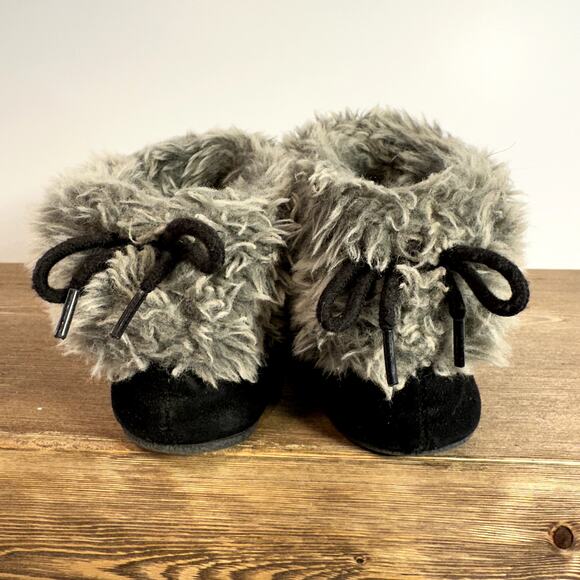 Suede Fur Lined Moccasin Slippers Womens SZ 6 Black Cozy Winter Bow Loungewear - Picture 4 of 7